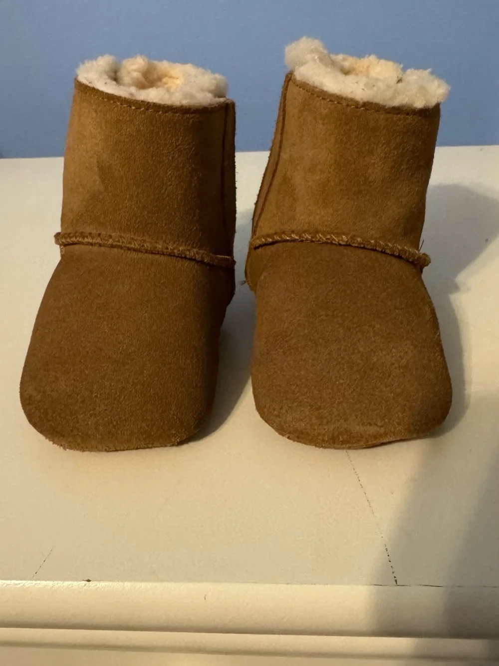 UGG Baby Brown Suede Sheepskin Booties with Ribbon Bows